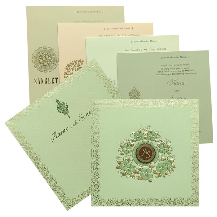 Green Floral Nameplate Padded Invitation Card-KRC29061
