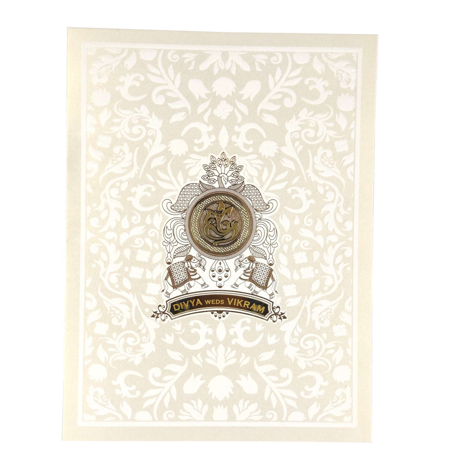 White Metallic Floral Design With Gold Foiling And Name Plate-KNK3050W