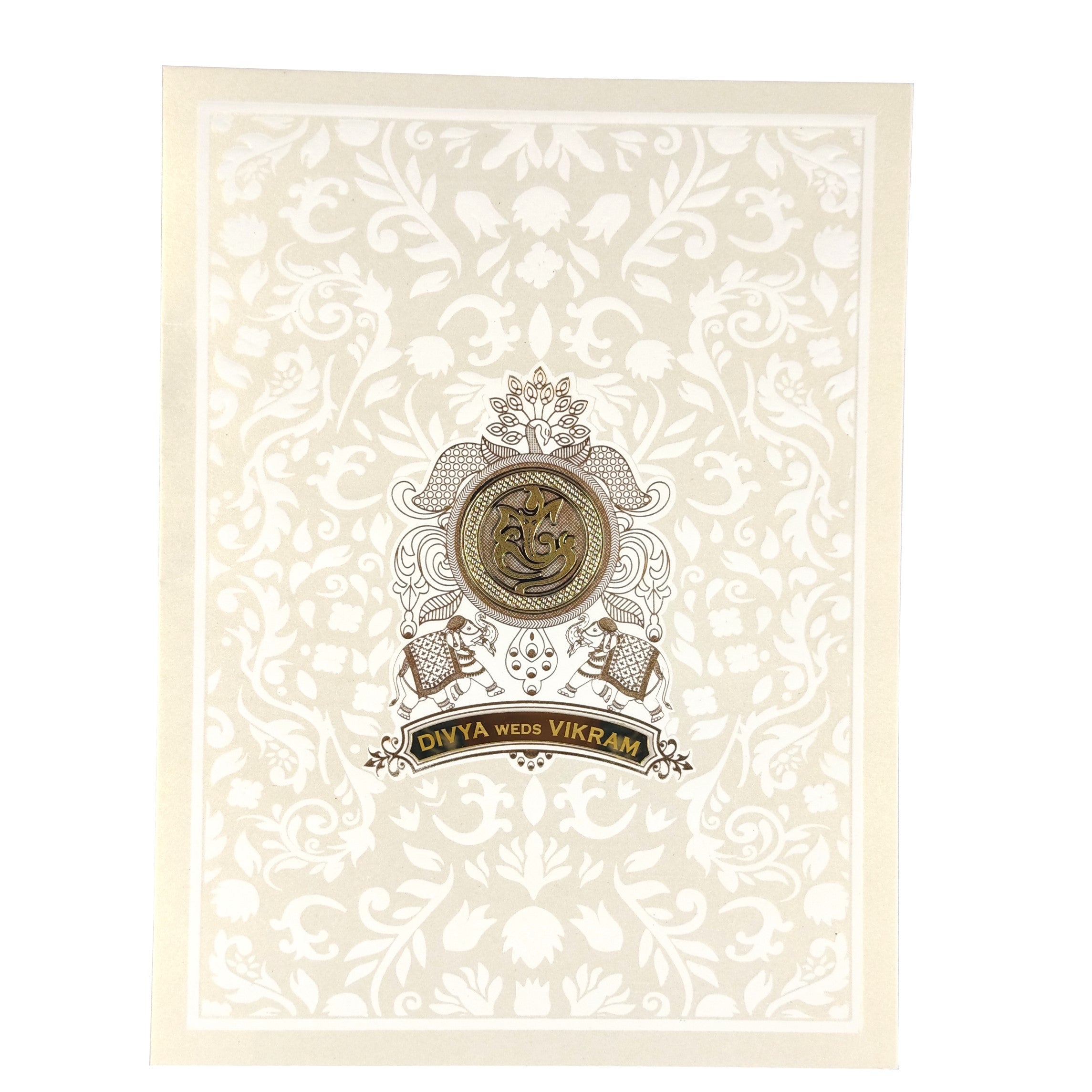 White Metallic Floral Design With Gold Foiling And Name Plate-KNK3050W