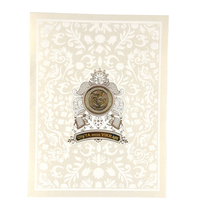 White Metallic Floral Design With Gold Foiling And Name Plate-KNK3050W