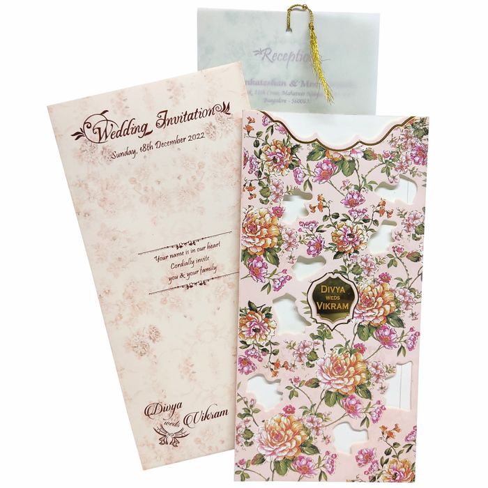 Pink Floral Laser Cut Panache Offset wedding Card-KNP7008P-King of Cards