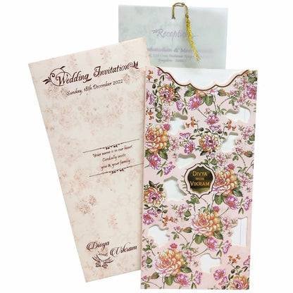 Pink Floral Laser Cut Panache Offset wedding Card-KNP7008P-King of Cards