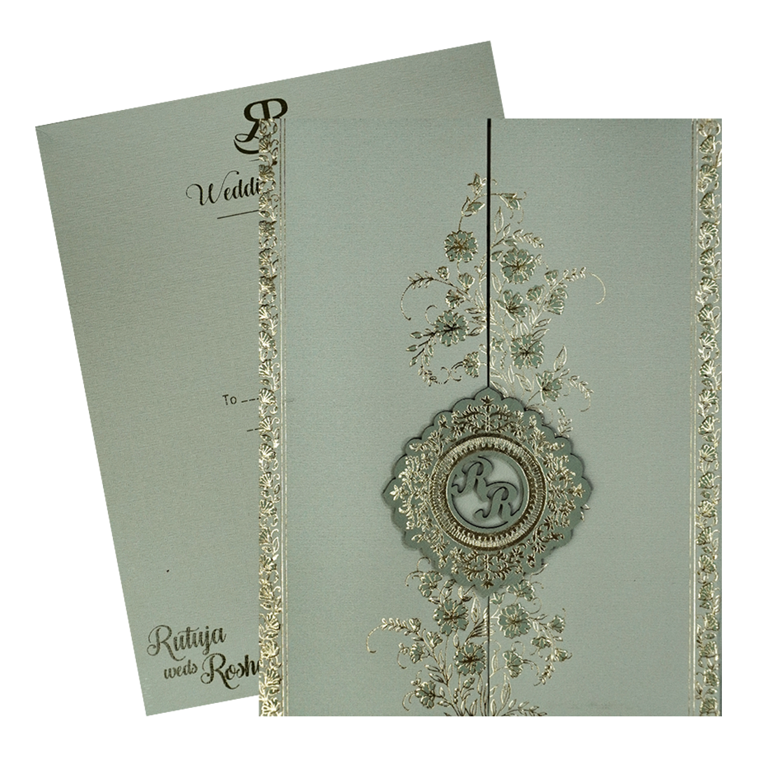 Green Gold Floral Monogram Padded Wedding Card-KSI64480