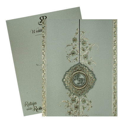Green Gold Floral Monogram Padded Wedding Card-KSI64480