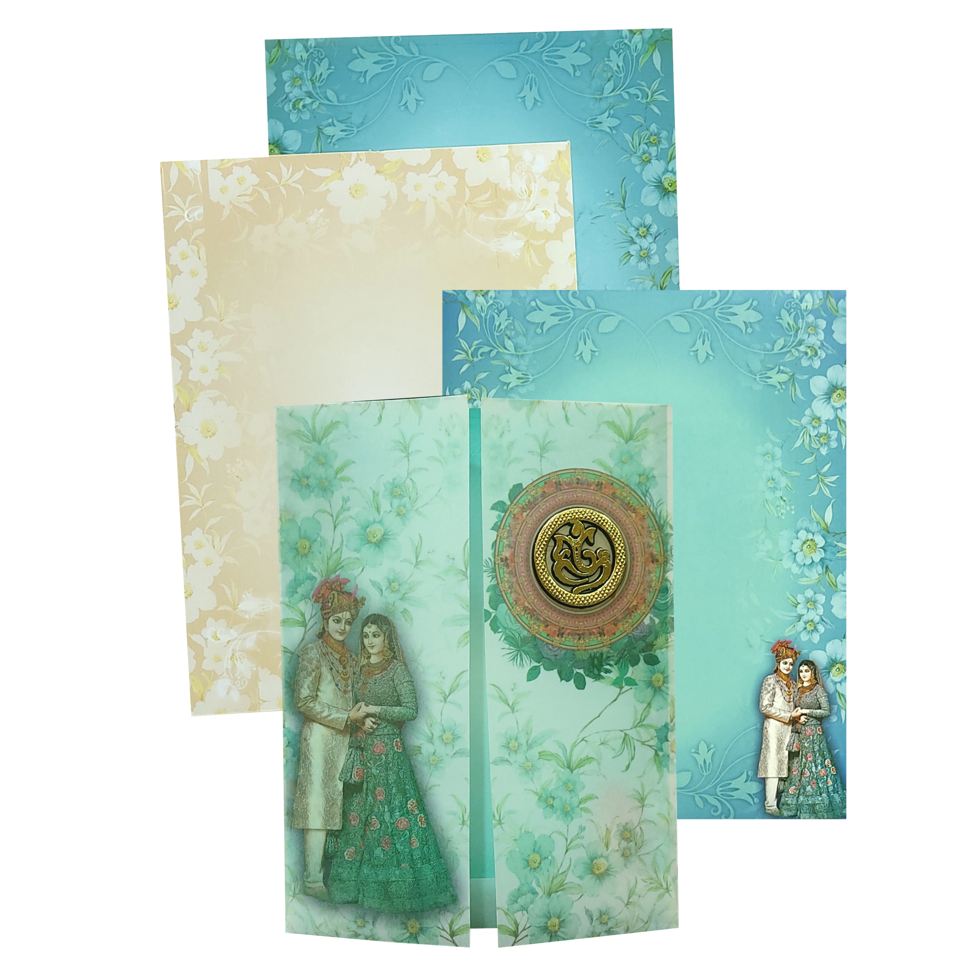 Green bride groom tracing wedding card features door type card and ganesha sticker with three inserts. Shipping and printing charges are extra.