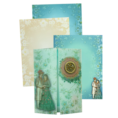 Green bride groom tracing wedding card features door type card and ganesha sticker with three inserts. Shipping and printing charges are extra.