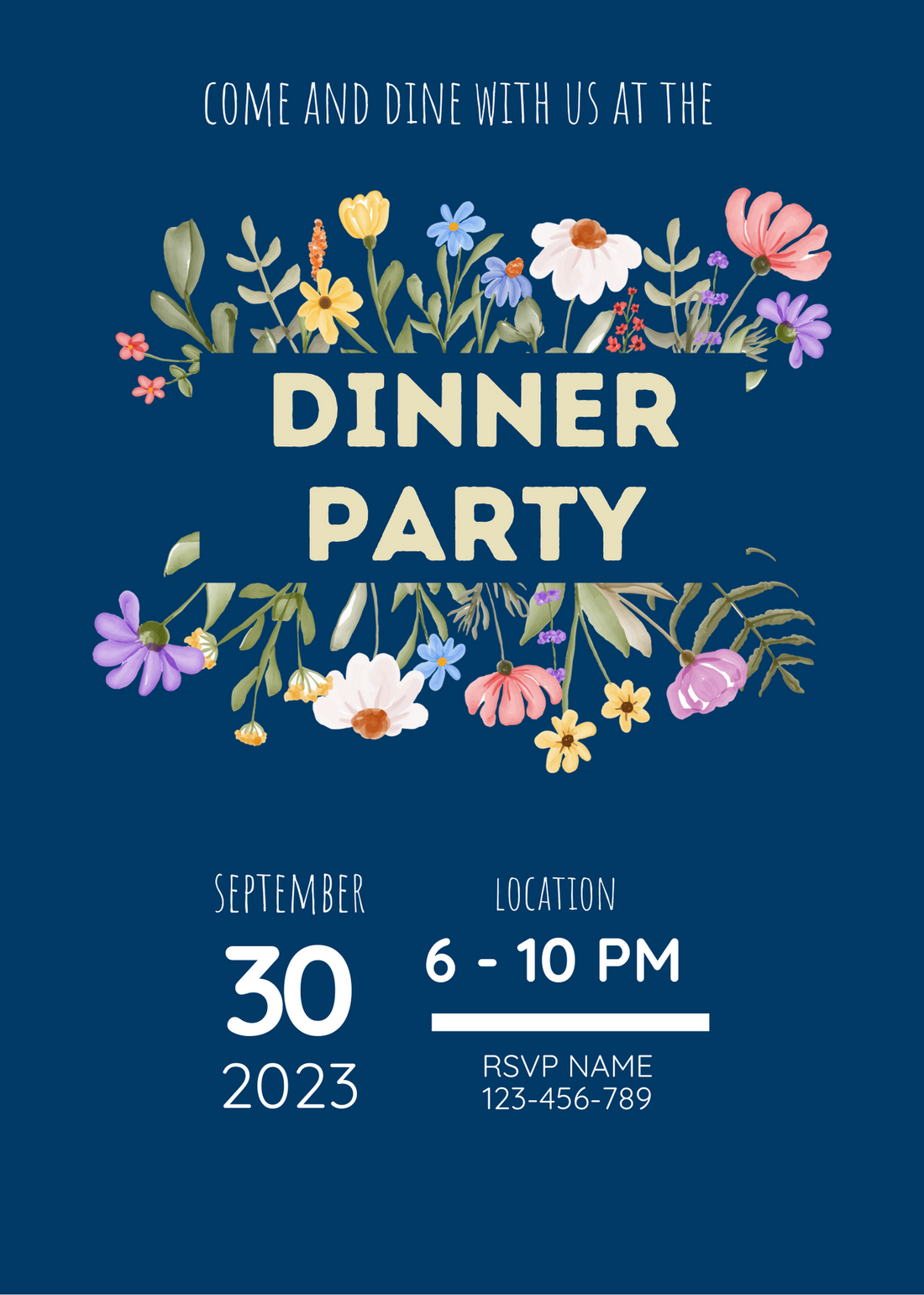 Navy Blue Floral Dinner Party Invitation-AADNI002