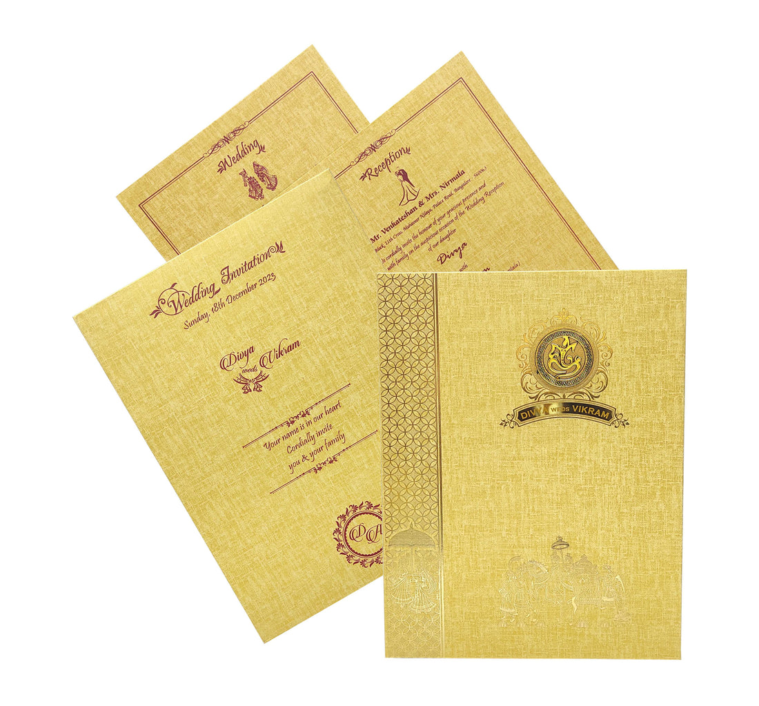 Brown Gold Padded Hindu Wedding Card With Baraat Image-KNPP8509N
