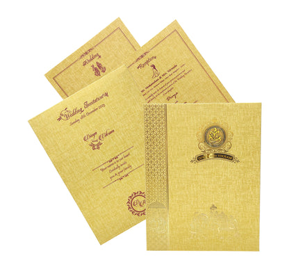 Brown Gold Padded Hindu Wedding Card With Baraat Image-KNPP8509N