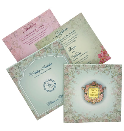 Blue Padded Floral Wedding Card In Offset-KNPO5515B