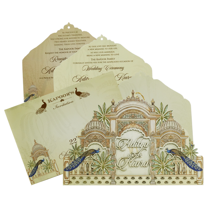 Cream Laser Cut Arch Peacock Wedding Card-King of Cards