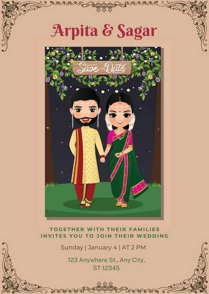 Beige Caricature Marathi Wedding Invitation-AAMAI001