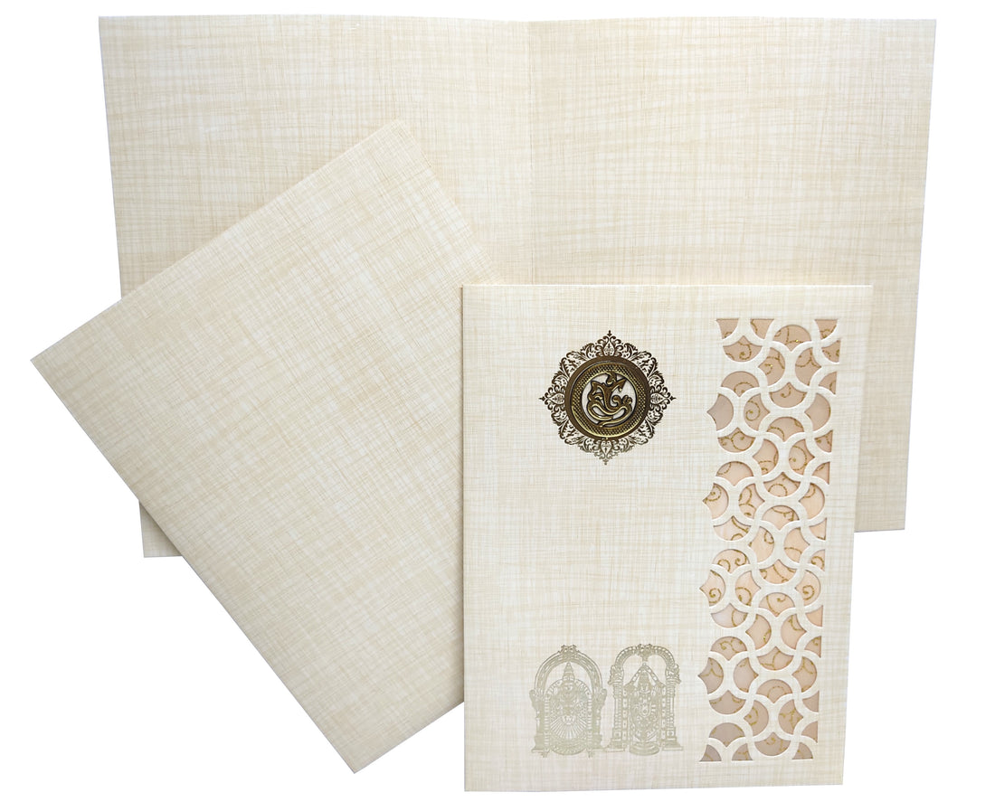 Selling White balaji-padmavathi wolly with ganesha sticker envelope invitation card online. Buying invitation cards made easy with King of Cards! &amp;