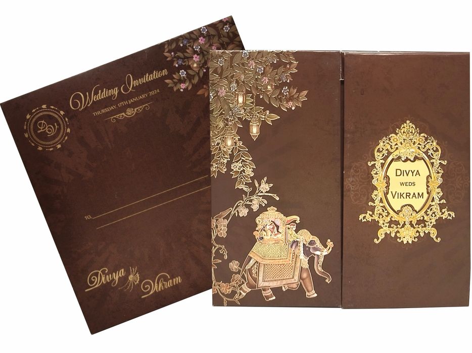 Brown Padded Floral Gold Foiling Print With Open Door Type-KNPO5518N-King of Cards