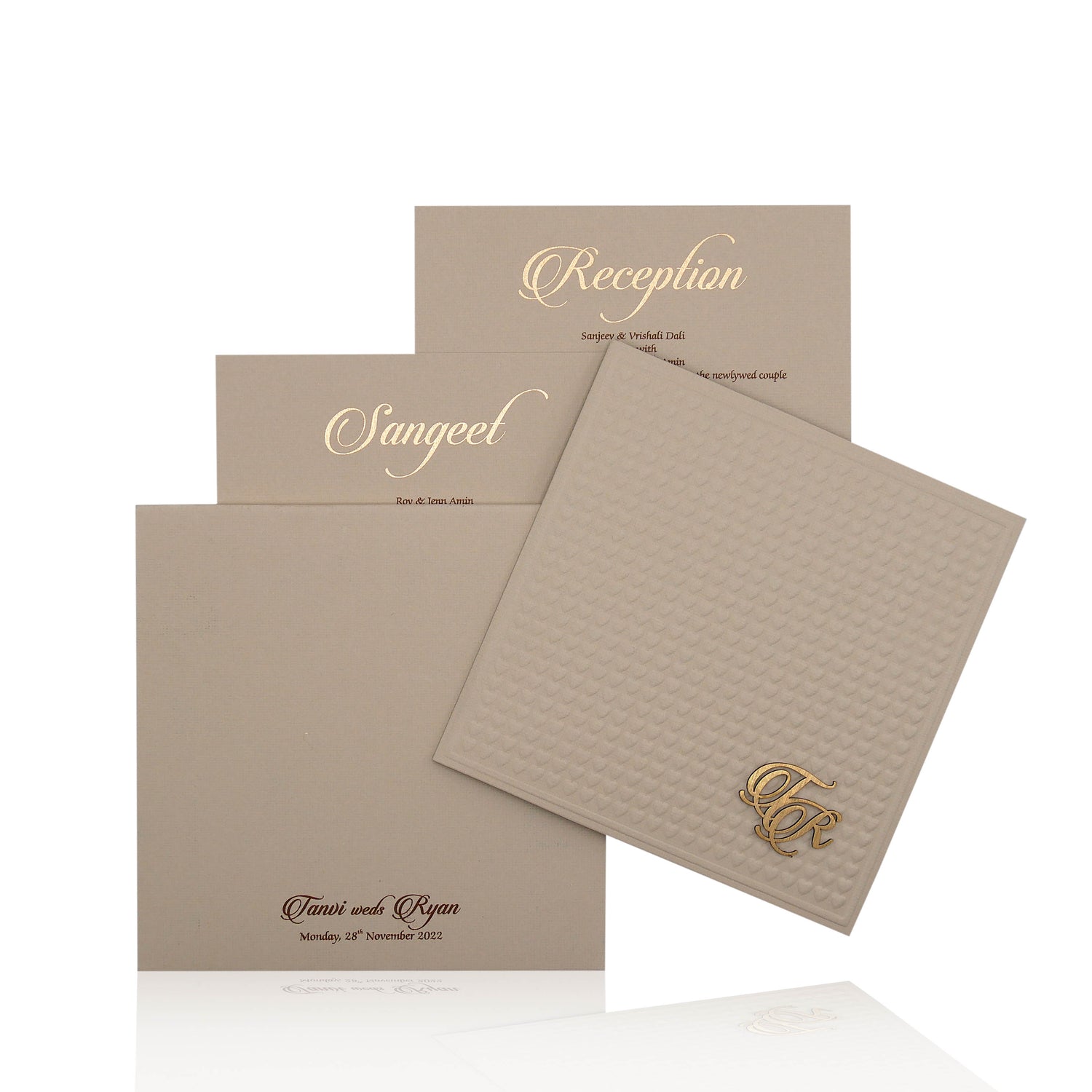 Elegant and attractive Gold padded envelope with heart embossed and nameplate invitation card! Buy now! &amp;