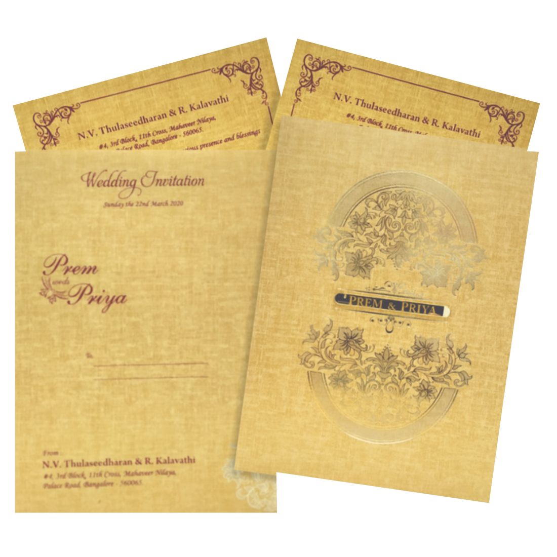 Premium padded wedding cards are designed to match that sentiment. This invite features aesthetic gold foiling design in the centre of the main card.