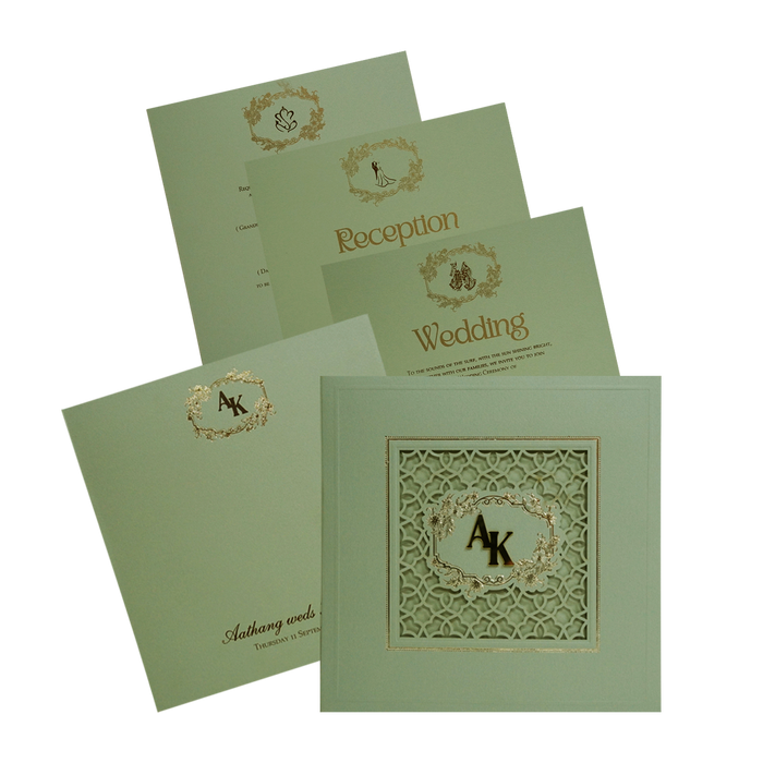 Green Laser Cut Padded Wedding Card Design-King of Cards
