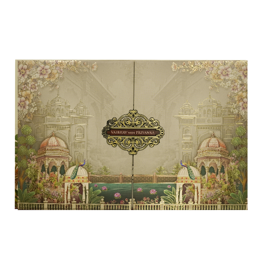 Grey Palace Floral Padded Wedding Card-KSH72180