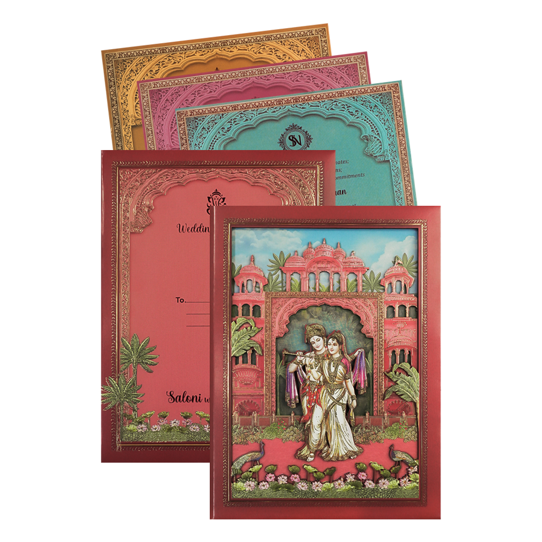 Peach Radha Krishna Palace Padded Wedding Card-KSI64020