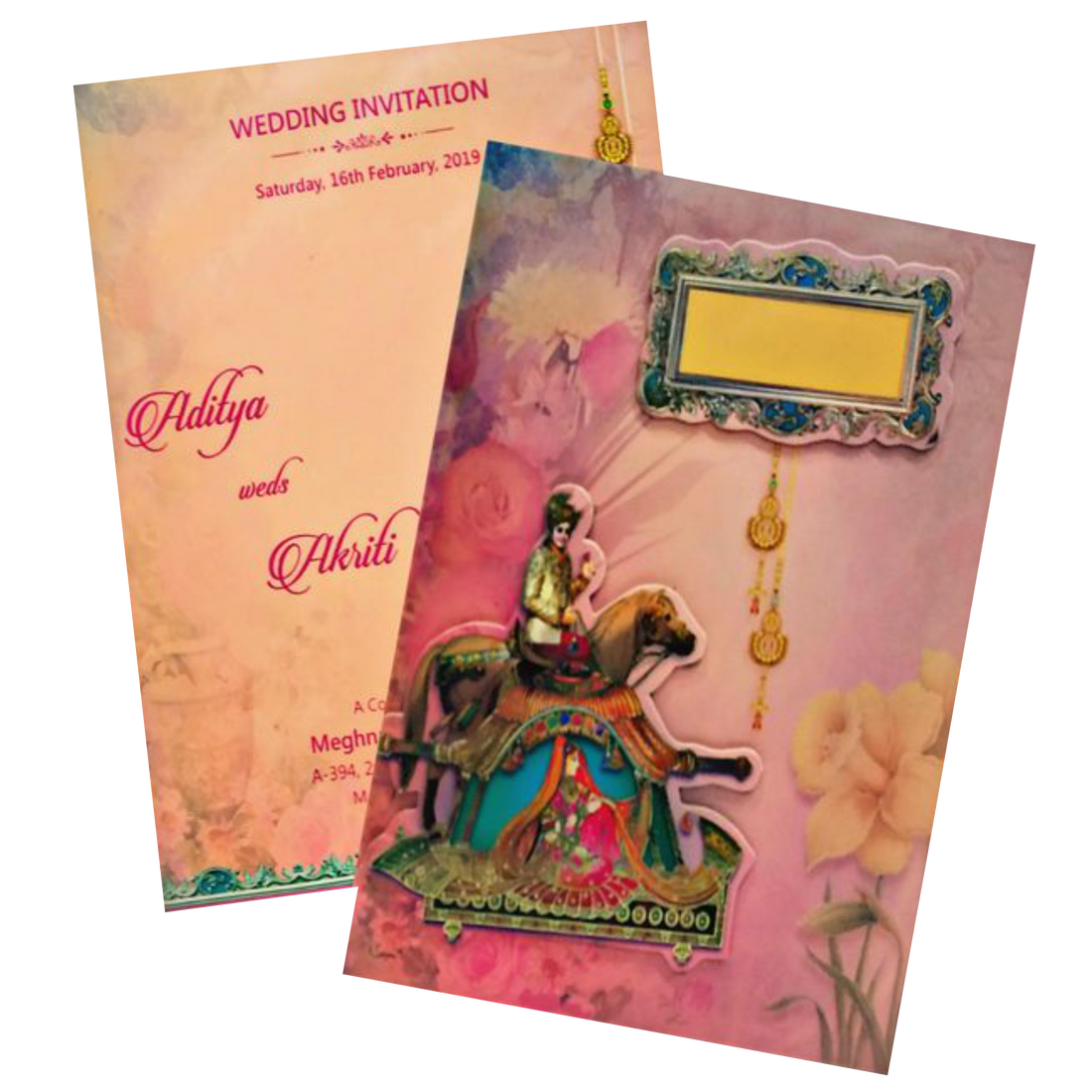 Marvelous Peach Color Baraat Theme Padding Invitation Card - KNKZAC139