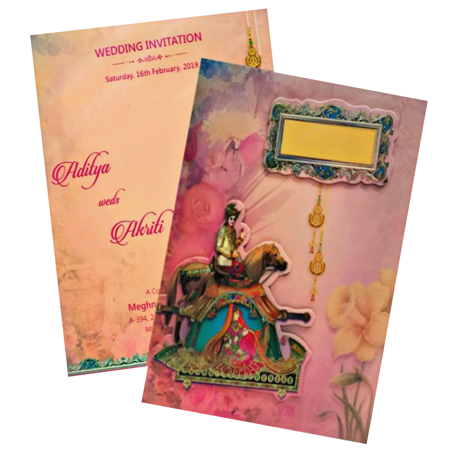 Marvelous Peach Color Baraat Theme Padding Invitation Card - KNKZAC139-King of Cards