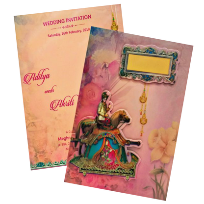 Marvelous Peach Color Baraat Theme Padding Invitation Card - KNKZAC139-King of Cards