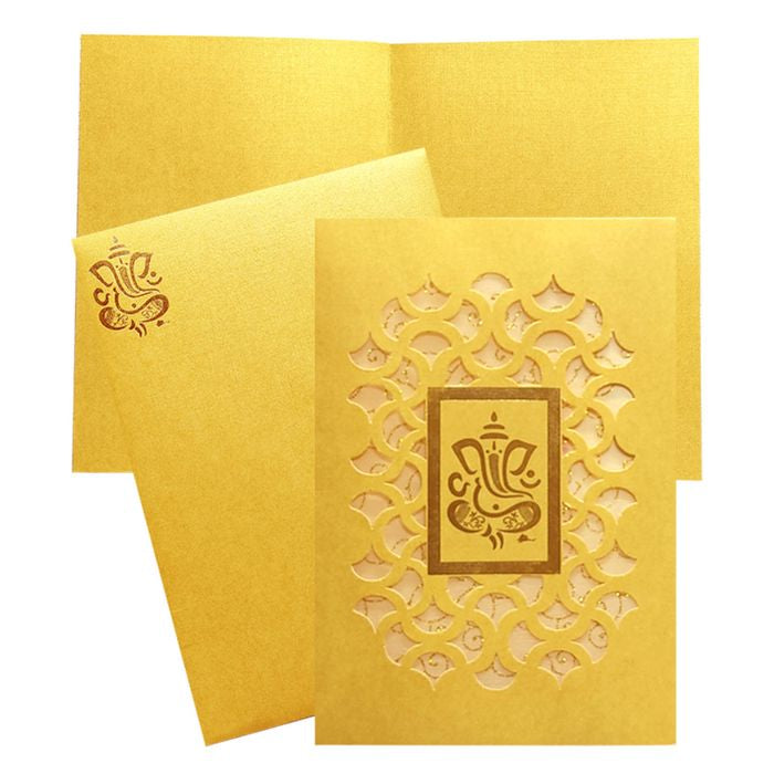 Gold Die Cut Floral Invitation Card With Ganesha-KNCW17GG-King of Cards
