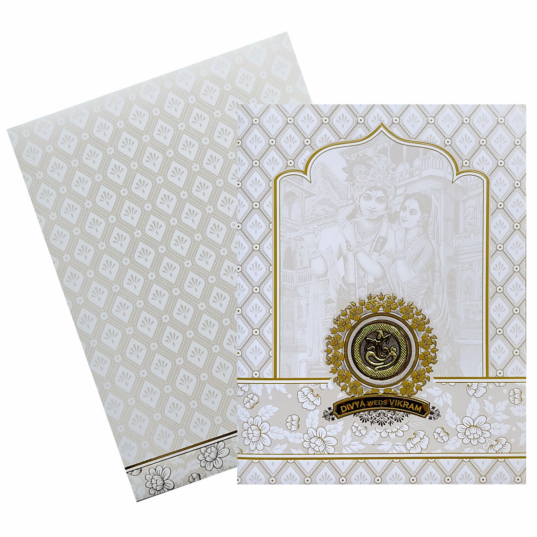 White Radhe Krishna Nameplate Invitation Card-KNJS2082