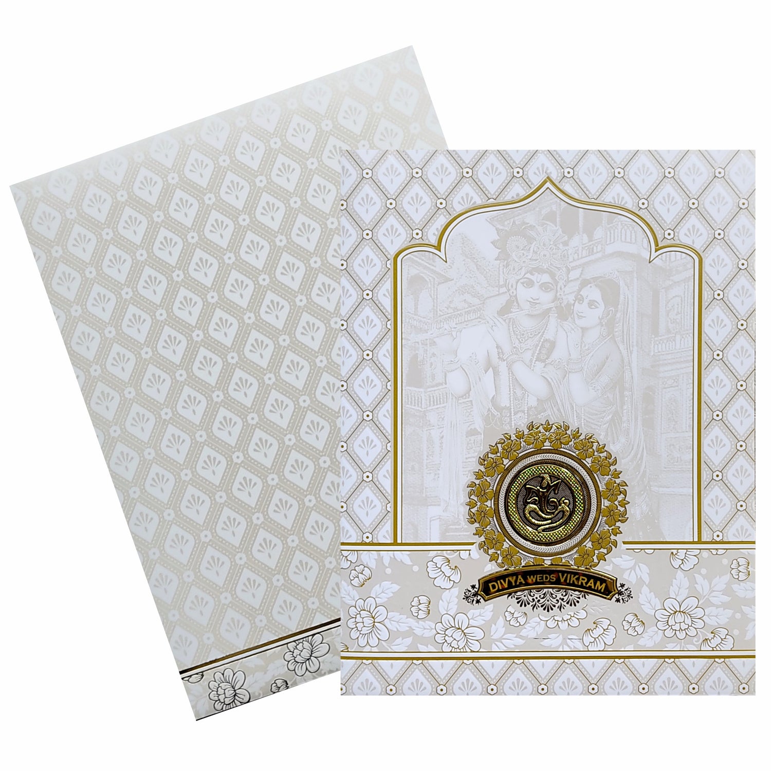 White Radhe Krishna Nameplate Invitation Card-KNJS2082