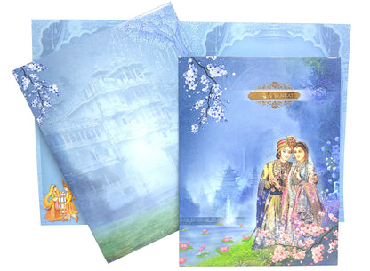 Blue Raja Rani Jumbo Size Wedding Card With Palace And Name Plate-KNKJ1088