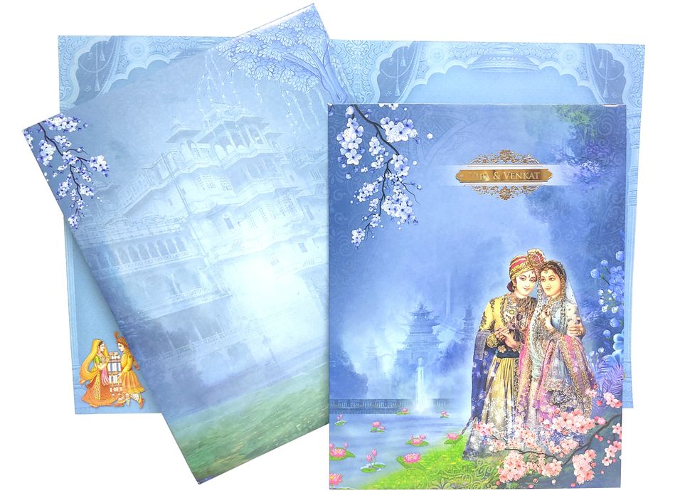 Blue Raja Rani Jumbo Size Wedding Card With Palace And Name Plate-KNKJ1088-King of Cards