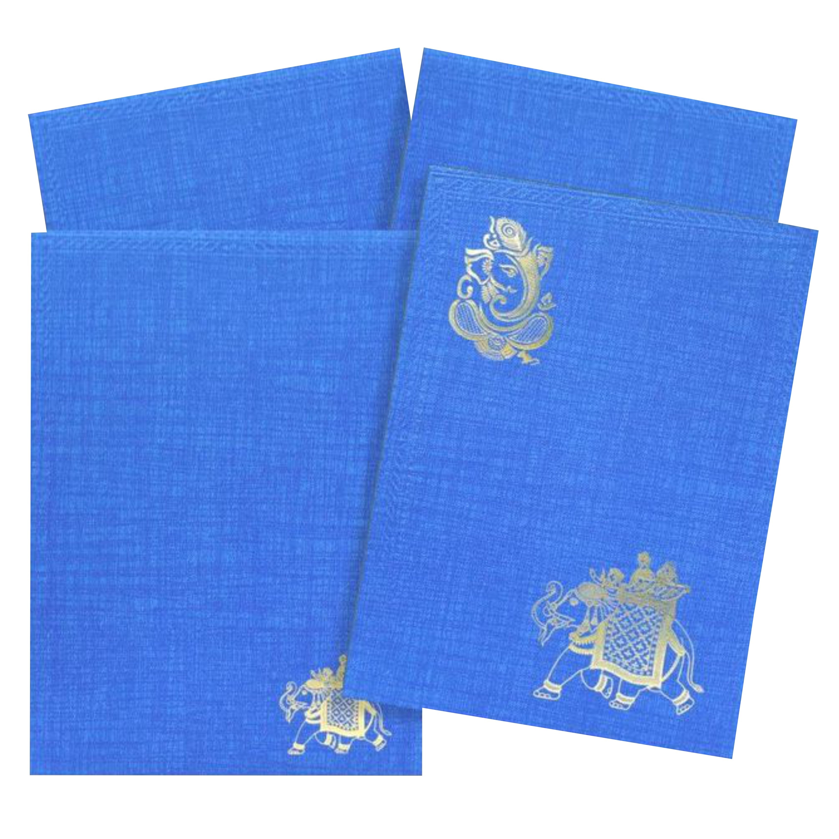 Blue metallic invitation card features a Ganesha and Elephant carrying bride and groom printed in gold foiling.