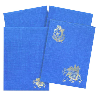 Blue metallic invitation card features a Ganesha and Elephant carrying bride and groom printed in gold foiling.