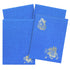 Blue metallic invitation card features a Ganesha and Elephant carrying bride and groom printed in gold foiling.