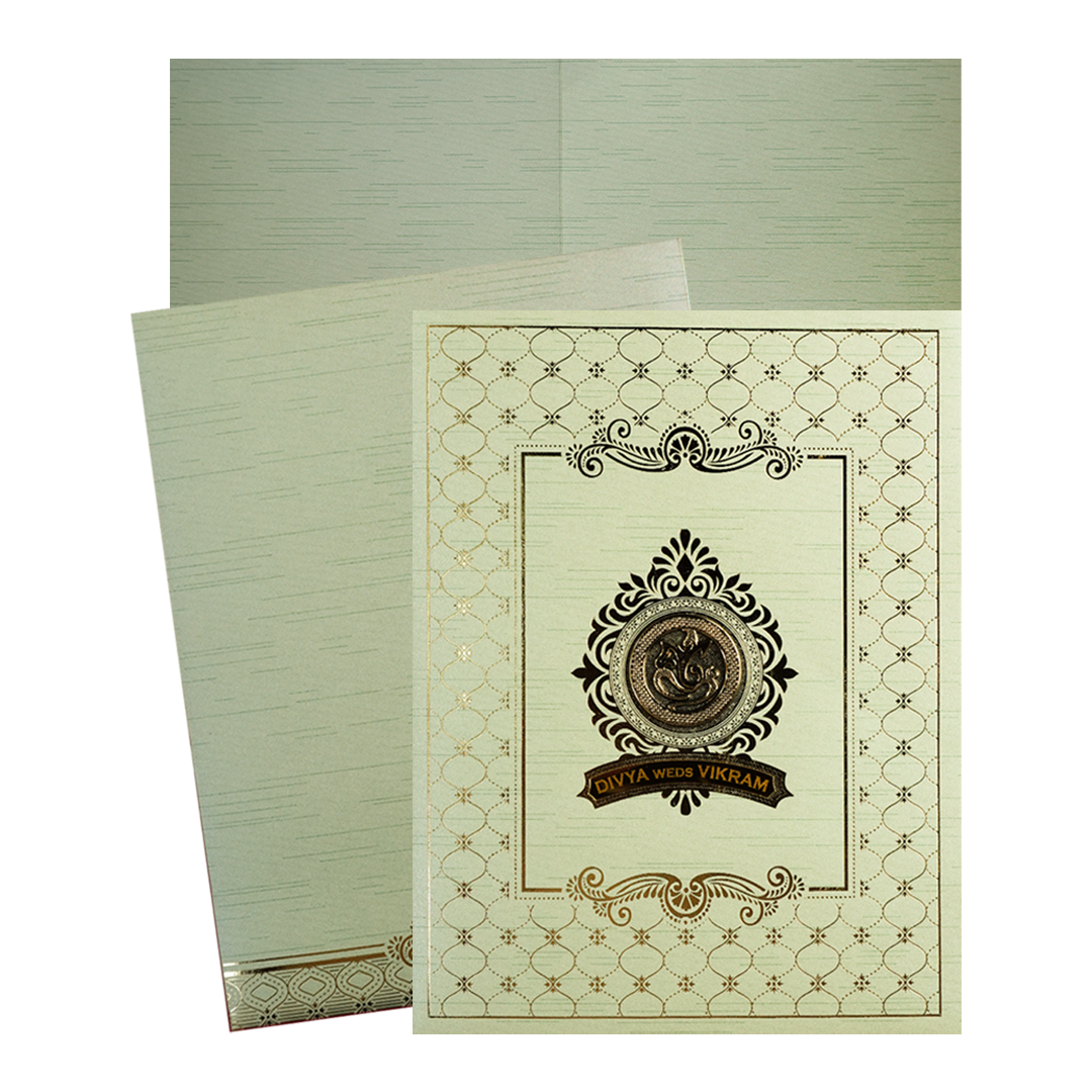 Check out Mint Green Ganesha Lattice Wedding Card at best price,✅WhatsApp Support and ✅Express Delivery.|King of Cards.