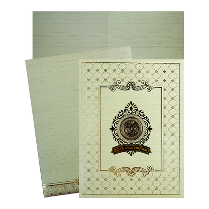 Check out Mint Green Ganesha Lattice Wedding Card at best price,✅WhatsApp Support and ✅Express Delivery.|King of Cards.
