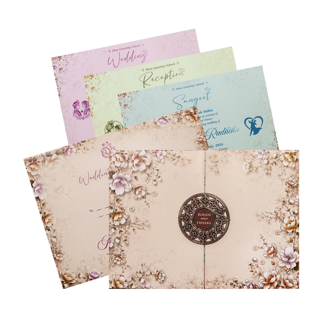 Cream Floral Padded Wedding Card-KSH72940