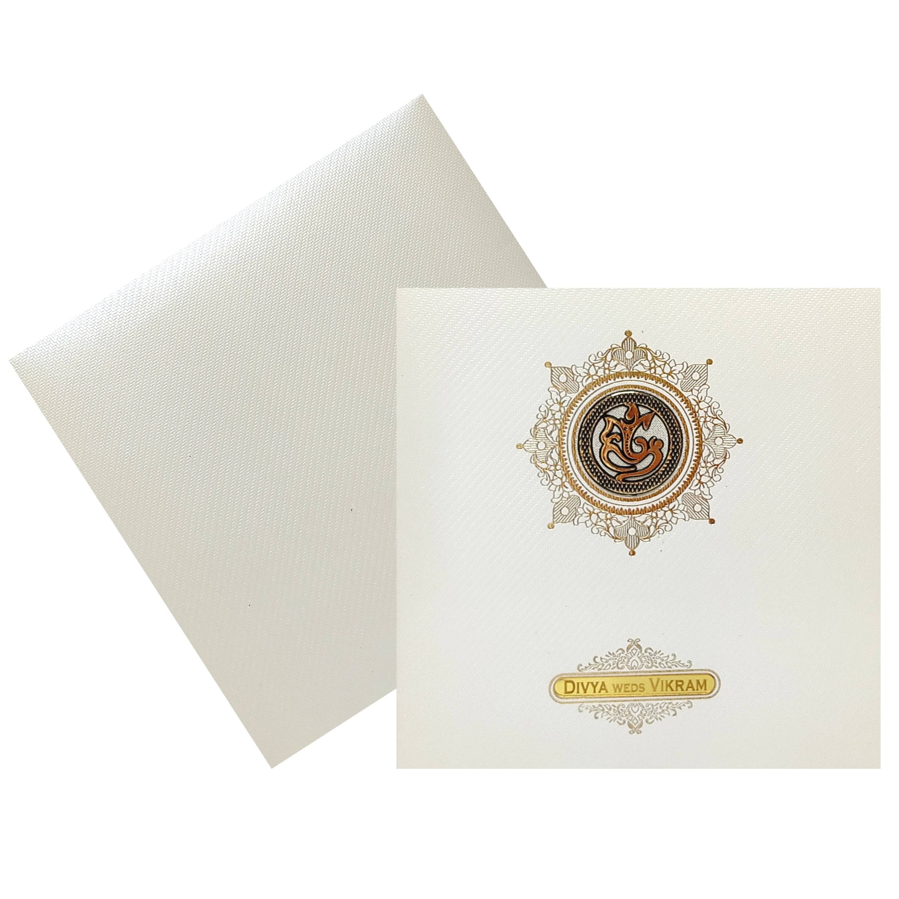 White Ganesha Invitation Card With Name Plate-KNK839MC