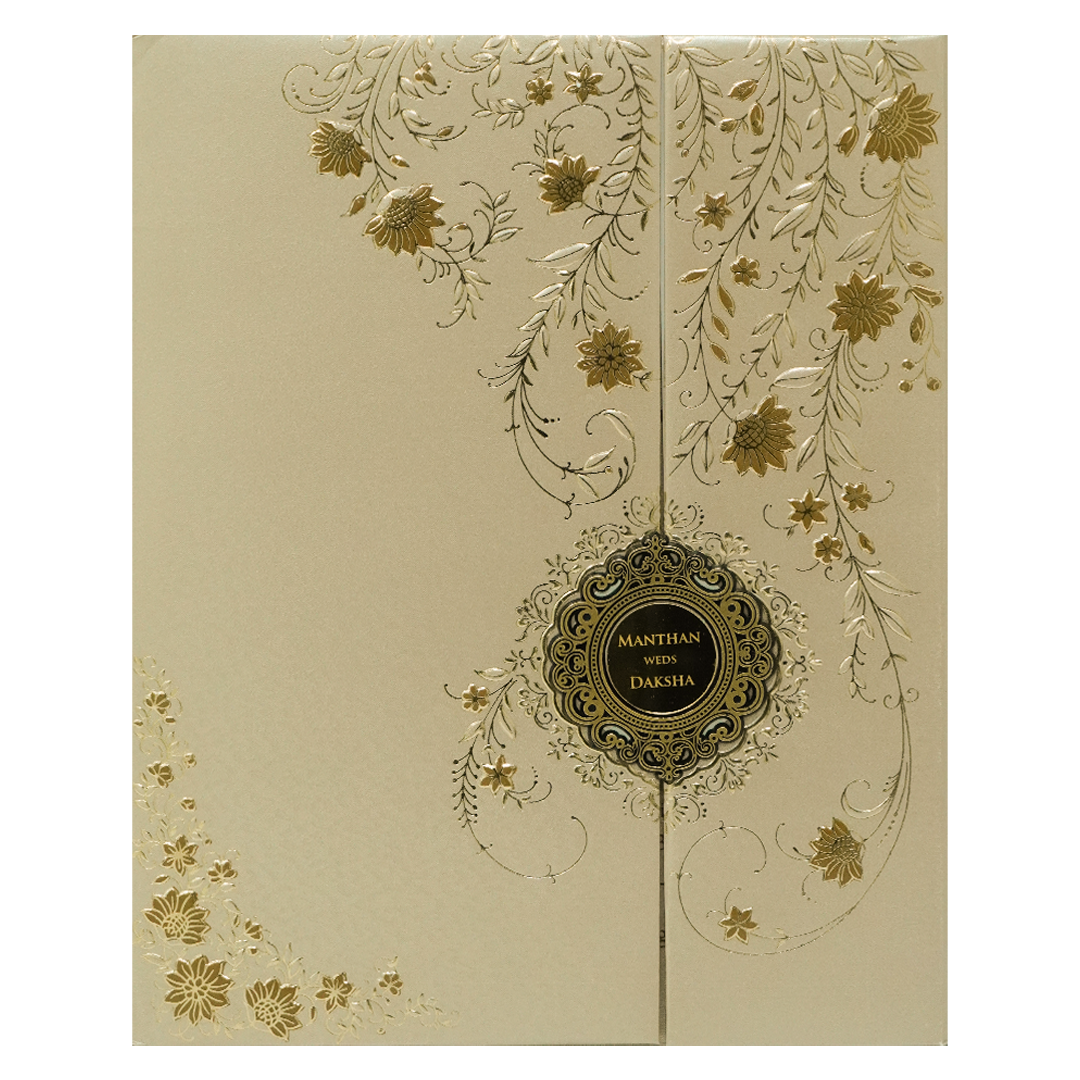 Check out Gold Floral Padded Wedding Card at best price. ✅WhatsApp Support ✅Express Delivery.|King of cards.