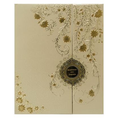 Check out Gold Floral Padded Wedding Card at best price. ✅WhatsApp Support ✅Express Delivery.|King of cards.