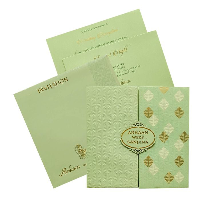 Check out the collection of Pastel green embossed invitation card at best price. &amp;