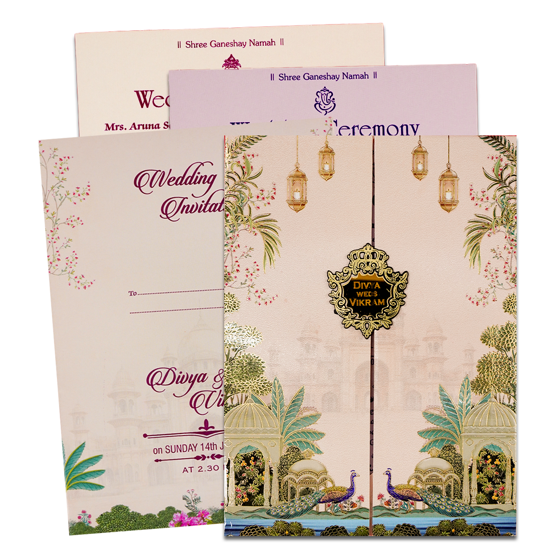 Check out Cream Palace Peacock Padded Wedding Card at best price. ?WhatsApp Support ?Express Delivery. | King of Cards
