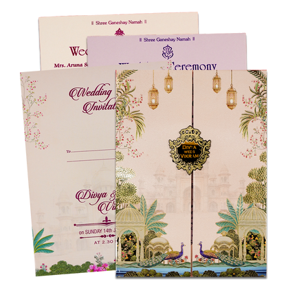 Check out Cream Palace Peacock Padded Wedding Card at best price. ?WhatsApp Support ?Express Delivery. | King of Cards