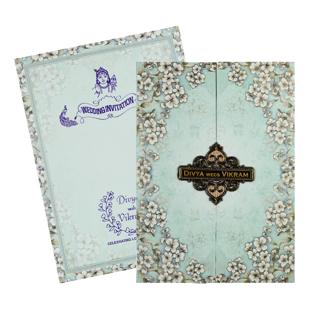 Blue Floral Gatefold Padded Wedding Card-KNPO9533G
