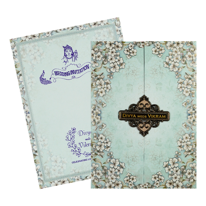 Blue Floral Gatefold Padded Wedding Card-KNPO9533G