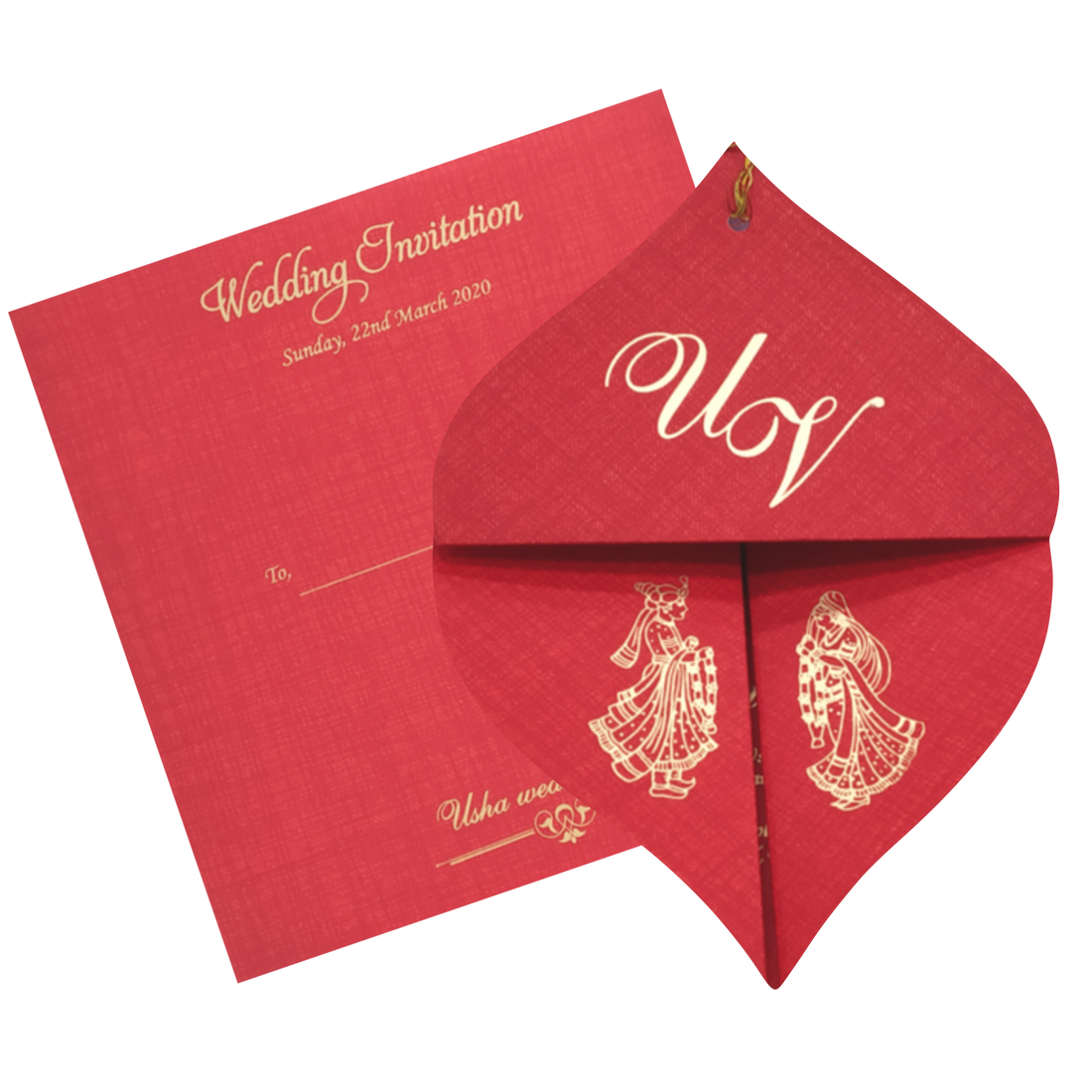 Red Designer Coconut Shape Wedding Card Design-KNF9100R