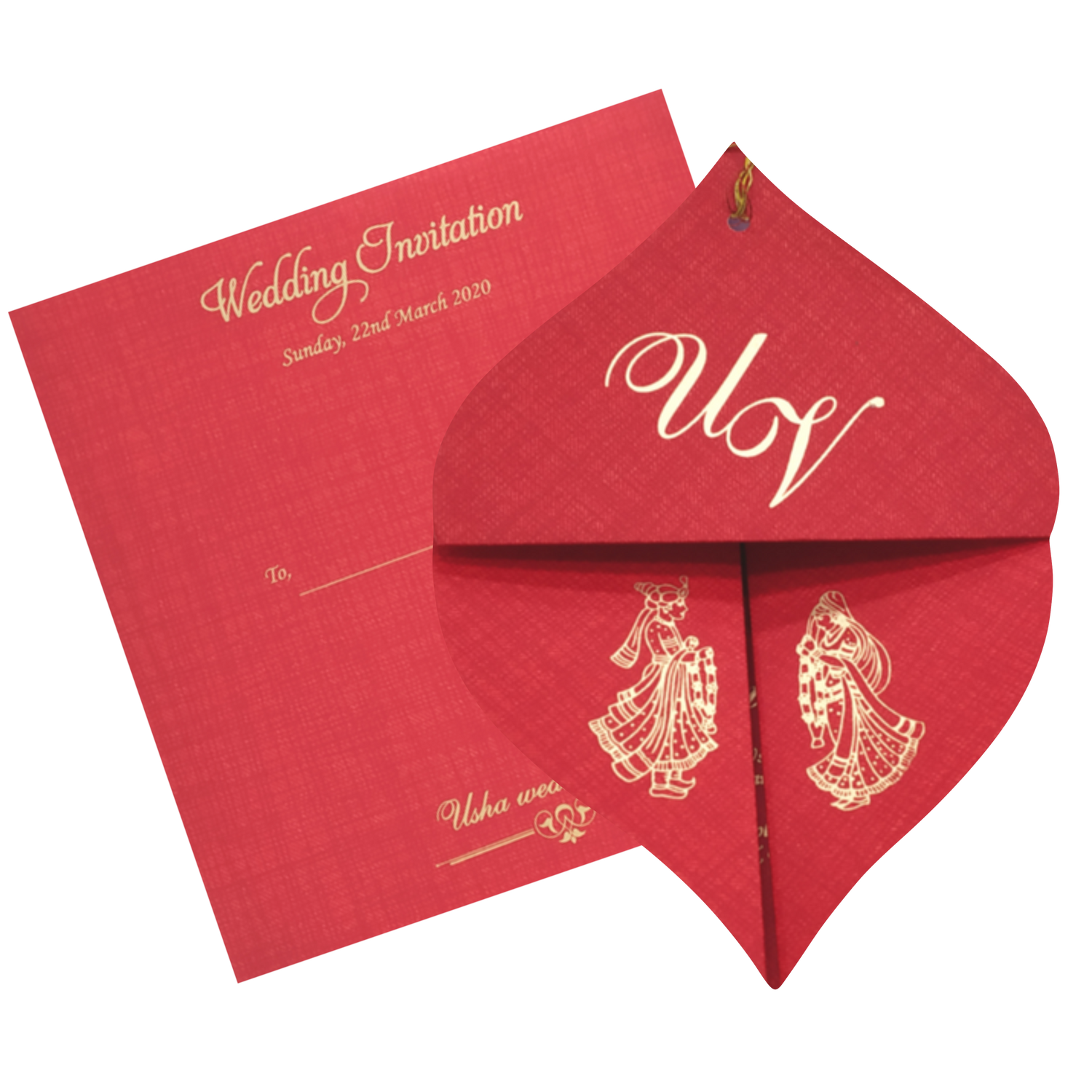 Red Designer Coconut Shape Wedding Card Design-KNF9100R
