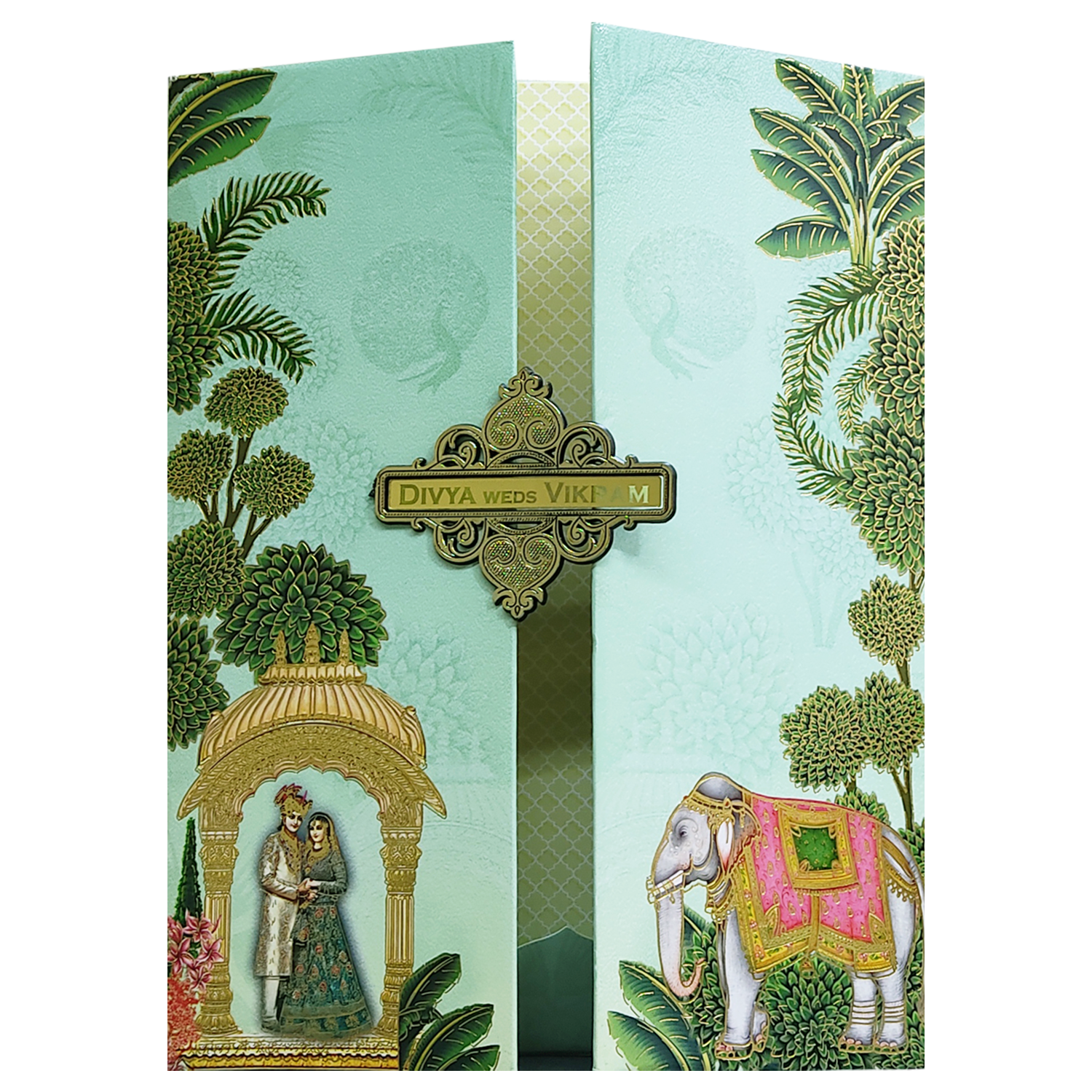 Green Royal Bride Groom Padded Wedding Card-KNMO9304