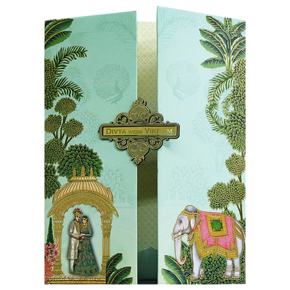 Green Royal Bride Groom Padded Wedding Card-KNMO9304