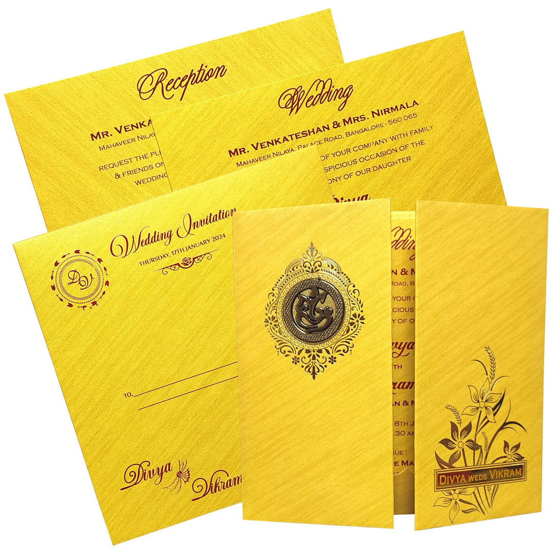 Check out the collection of Gold padded door type with floral design and acrylic nameplate invitation card at best price. ? Customer Support ? Home Delivery